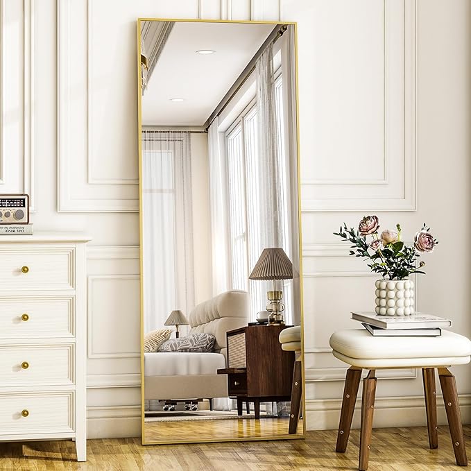 HARRITPURE 21"x56" Full Length Mirror Floor Rectangle Mirrors Aluminum Frame Standing Wall & Leaning Large Dressing Mirror for Living Room Bedroom Cloakroom,Gold