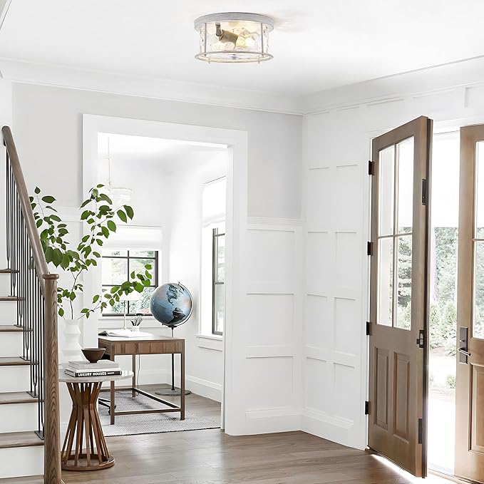 LamQee Flush Mount Ceiling Light with Clear Hammered Glass, Industrial 2-Lights Farmhouse Close to Ceiling Light Fixtures Round Low Profile for Kitchen Hallway Foyer Entrance Bedroom Rustic White