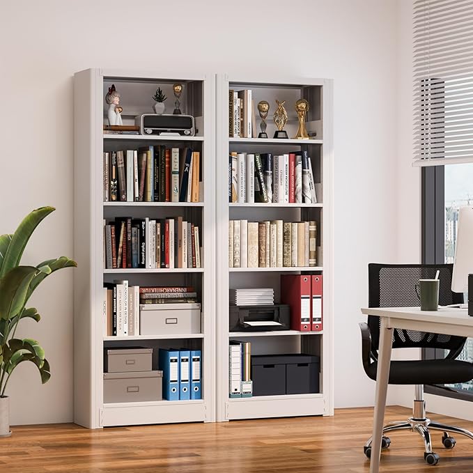 Book Shelf,5-Tier White Bookshelf, Office Bookcases and Bookshelves,Tall Metal Storage Organizer,Freestanding Bookshelf for Library,Living Room,Home Office (W:23.6")