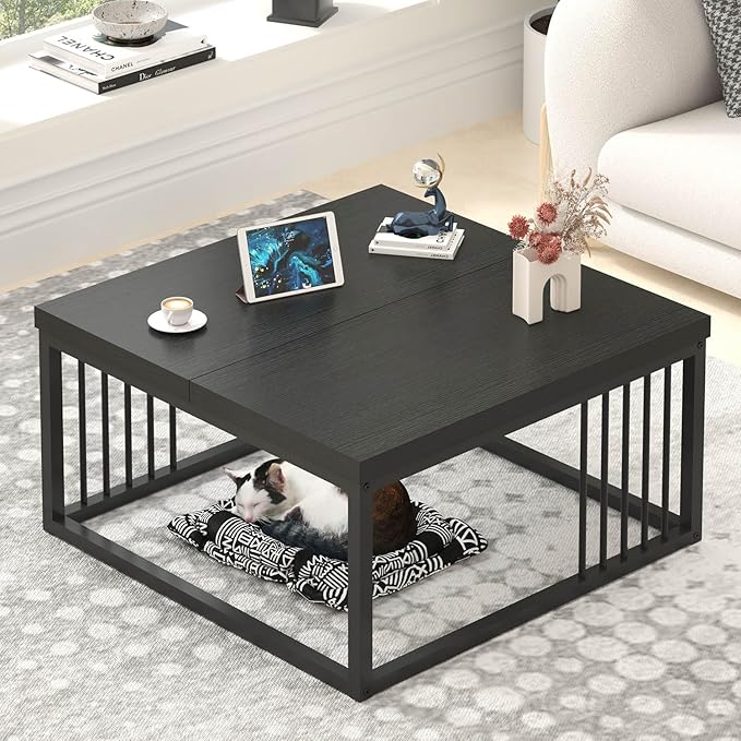 FOLUBAN Black Coffee Table, Modern Square Center Table for Living Room, Industrial Rustic Wood and Metal Cocktail Tea Table, 31.5 Inch