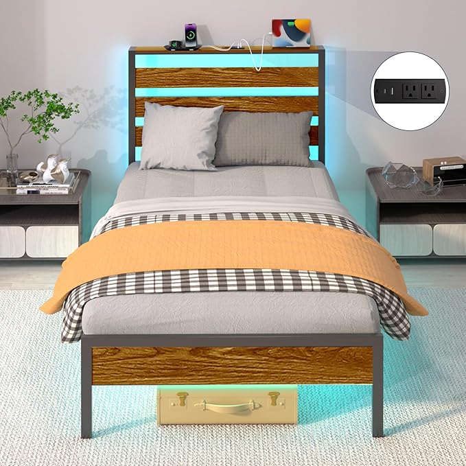 Twin Bed Frame with LED Lights & Charging Station, Metal Platform Bed with Headboard, Heavy Duty Metal Slats, No Box Spring Needed, Noise Free, Easy Assembly, Brown