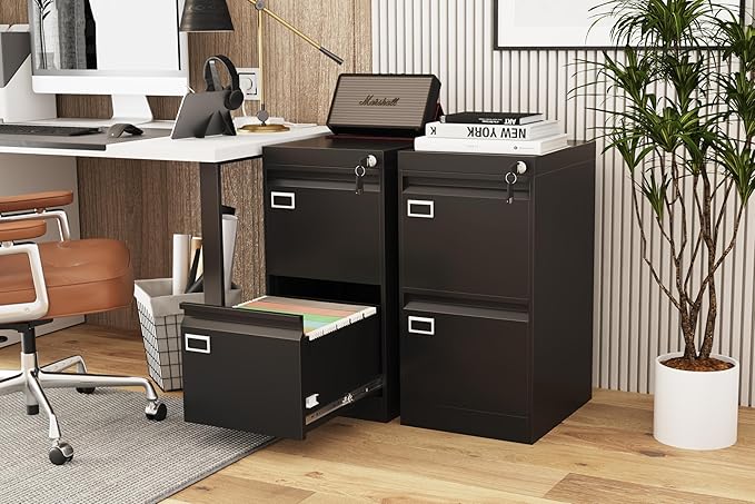 2 Drawer File Cabinet with Lock, Metal Small File Cabinet, Black Filing Cabinets for Home Office, Vertical File Cabinets Locked for A4/F4/Letter/Legal, Easy Assemble