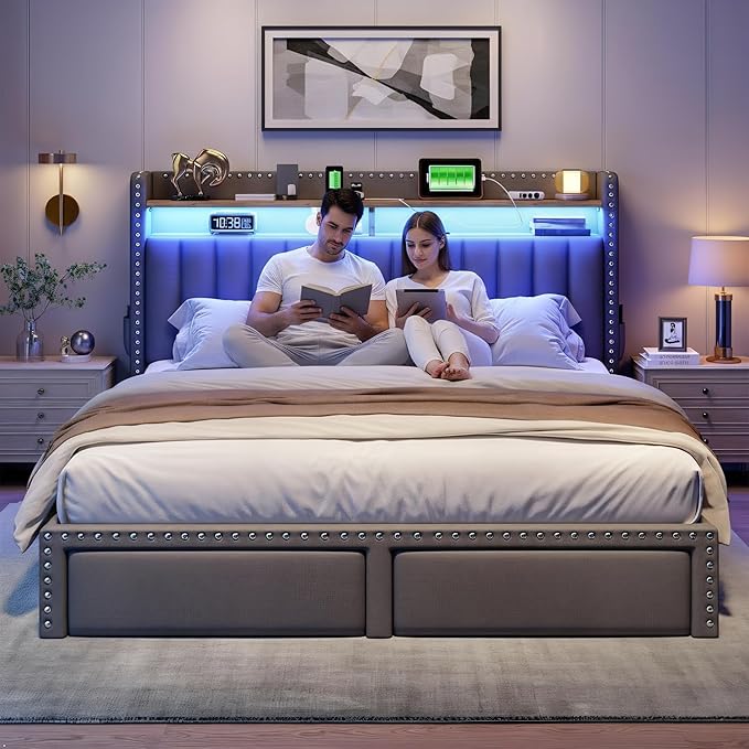 EnHomee Full Size Bed Frame with 2-Tier Storage Headboard & Charging Station, LED Platform Bed Frame with 2 Storage Drawers, Sturdy Wooden Slats Support, Noise-Free, No Box Spring Needed, Grey