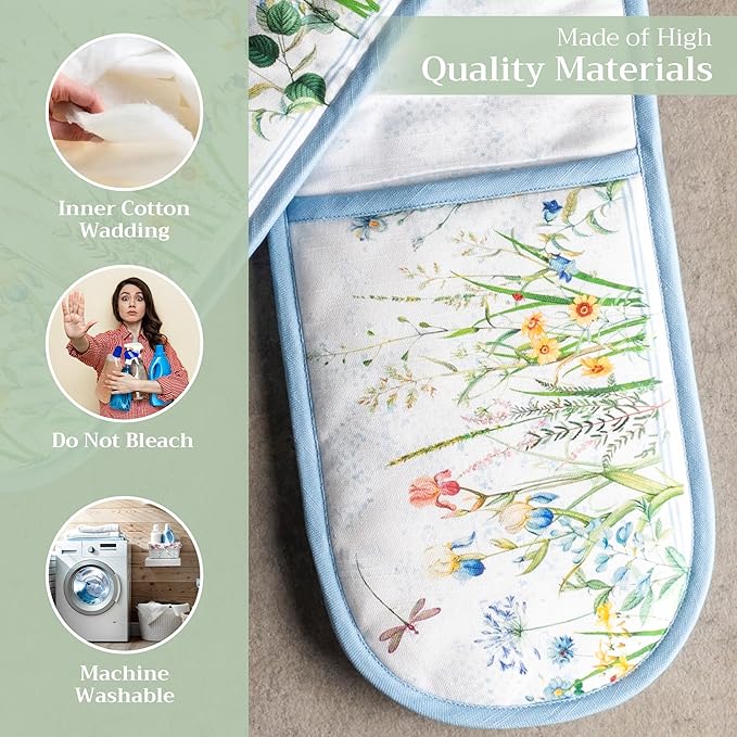 Maison d' Hermine Double Oven Mitts 100% Cotton 7"x35" Double Oven Mitt Heat Resistant BBQ Cooking Gloves with Loop, Baking, Grilling, Home, Kitchen, Handling Hot Pans Spring Summer (Fleurs De Mai)