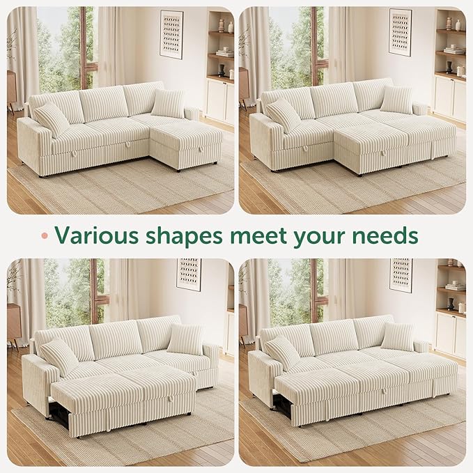 HONBAY Sectional Sleeper Sofa with Pull Out Bed, L Shaped U Shaped Couch with Storage Ottoman, Velvet White