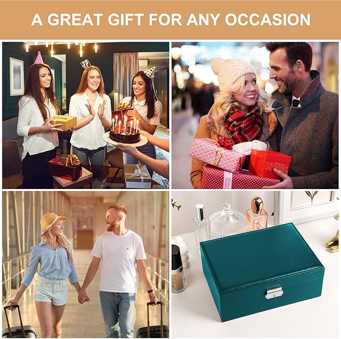 Jewelry Organizer Box Leather Jewelry Box for Girls Womens Earring Organizer with Lock Double Layers Jewelry Case Removable Tray for Necklace Earring Ring with Polishing Cloth and Jewelry Bags