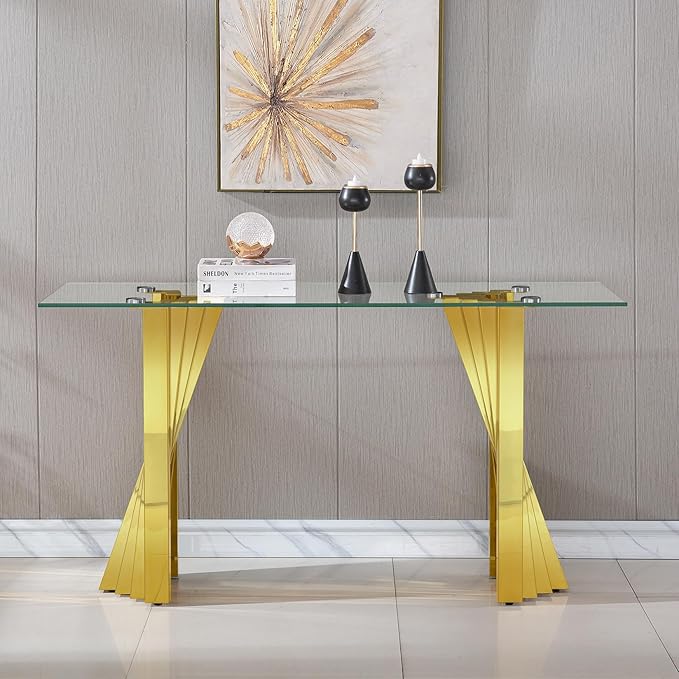 Goujxcy Modern Glass Console Table 55" Gold Entryway Table with Tempered Glass Top and Mirror Finish Stainless Steel Legs, Luxury Rectangular Sofa Table for Living Room Hallway Corridor Table (Gold)