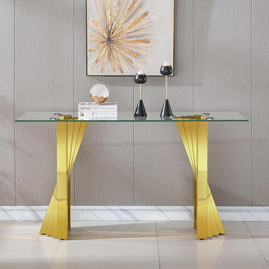 Goujxcy Modern Glass Console Table 55" Gold Entryway Table with Tempered Glass Top and Mirror Finish Stainless Steel Legs, Luxury Rectangular Sofa Table for Living Room Hallway Corridor Table (Gold)