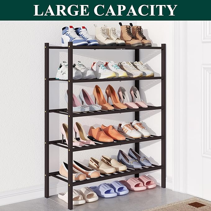 Smiry Bamboo Shoe Rack for Closet, 5 Tier Wooden Stackable Shoe Organizer, Free Standing Shoes Storage Shelf for Entryway, Front Door Entrance, Brown