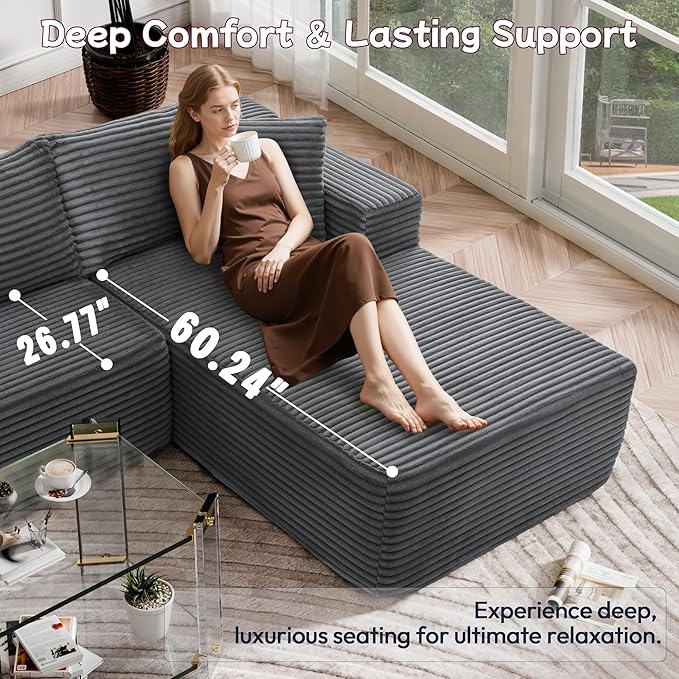 105" Cloud Sectional Couch with L-Shape Chaise,Modern Modular Sofa with Deep Seat, Fluffy Boneless Couches for Living Room Bedroom,No Assembly Required, Dark Gray (Plush Flannel Fabric)