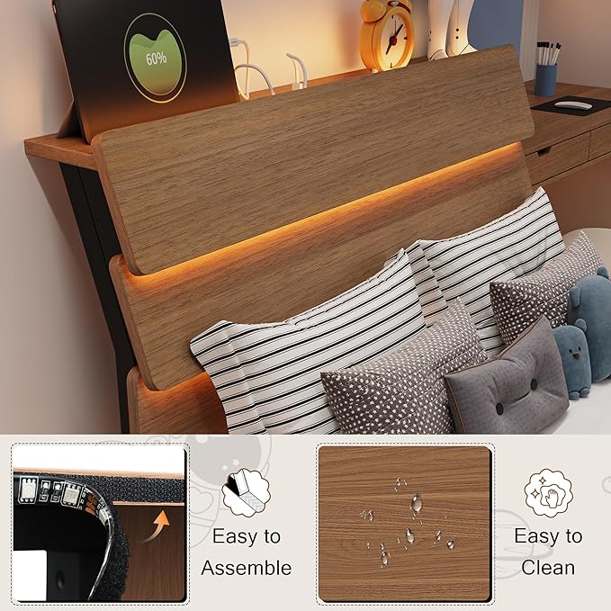 Twin Bed Frames with LED Light and Charging Station, Floating Wooden Bed Frame, Heavy Duty Metal Slats, No Box Spring Needed, Noise Free, Easy Assembly, Walnut