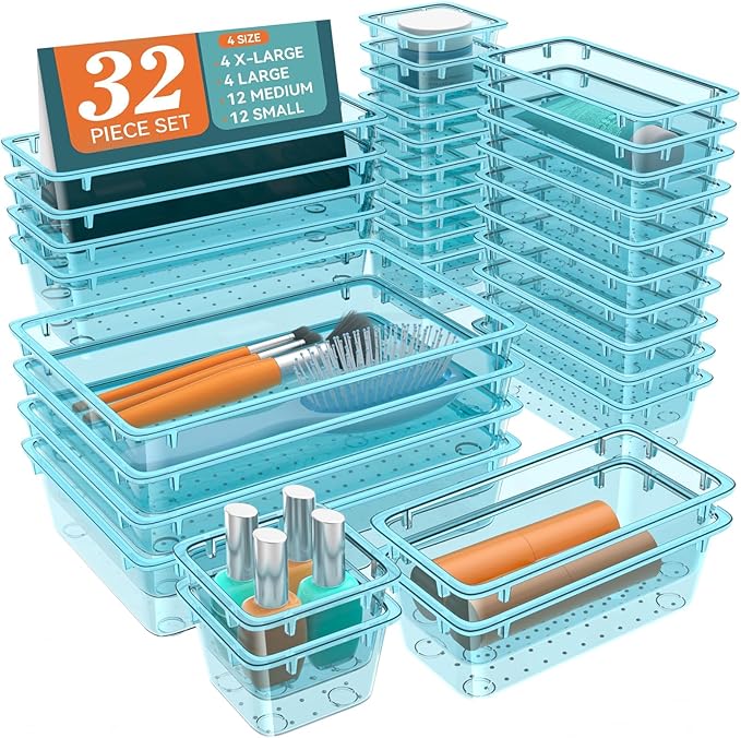 WOWBOX 32 PCS Plastic Drawer Organizer Set, 4 Sizes Desk Drawer Organization and Storage Containers for Makeup, Cosmetics, Jewelry and Gadgets in Kitchen, Bathroom, Bedroom, Office, Clear Sea Blue