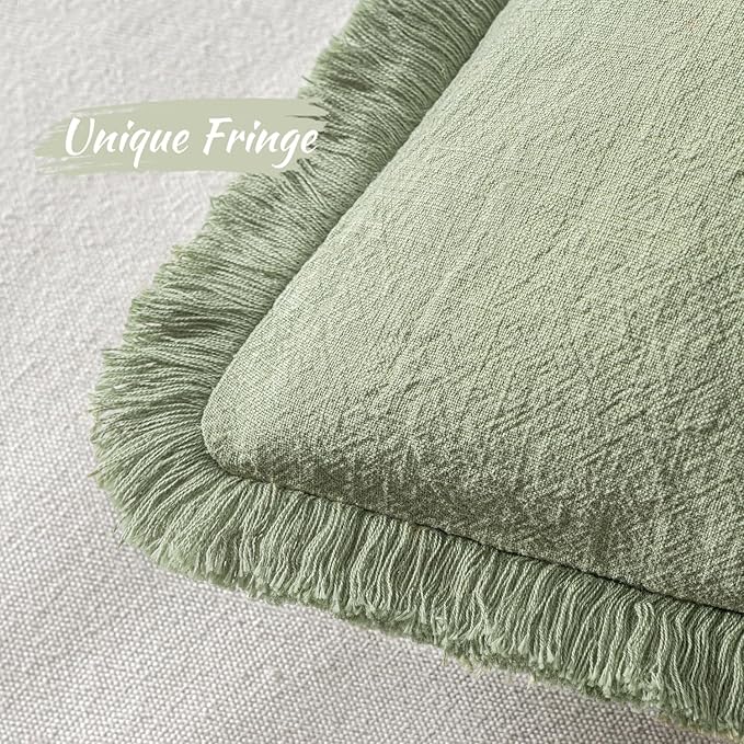 MIULEE Decorative Throw Pillow Covers Neutral Linen Fringe Throw Pillows Euro Shams Set of 2 Sage Green Boho Farmhouse Cushion Covers for Couch Sofa Bed Living Room Spring Home Decor 22x22 Inch