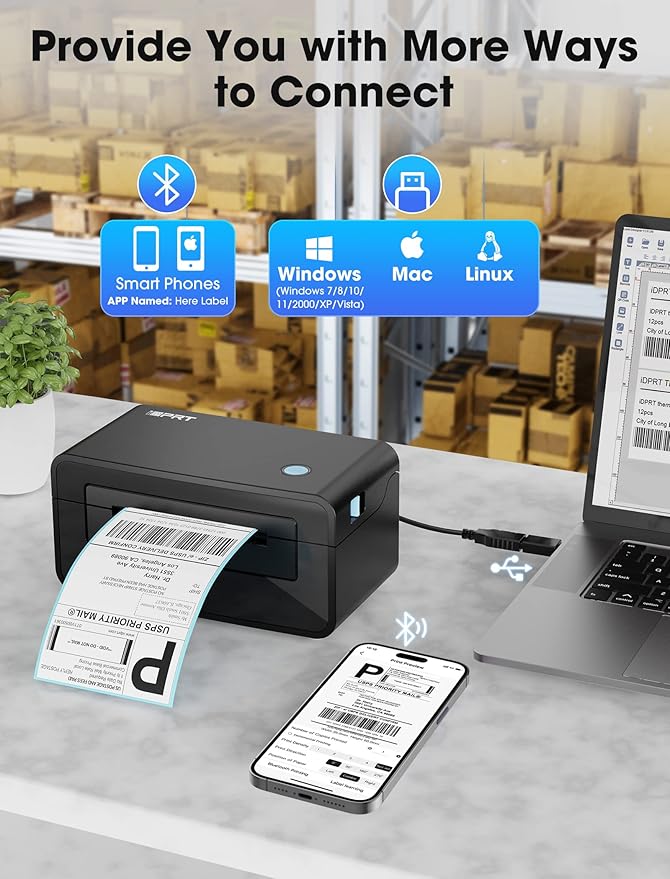 iDPRT Bluetooth Thermal Shipping Label Printer for Phone, 4x6, Supports Windows/Mac/iOS/Android, Ideal for Small Business and Shipping Packages