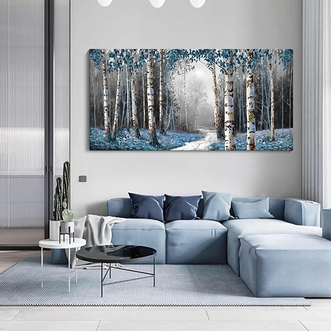HKDGOKA Large Wall Art Living Room Modern Gray Blue Forest Nature Landscape Paintings Fall Pictures for Bedroom Kitchen Bathroom Office Home Artwork Wall Decor 48"x24"