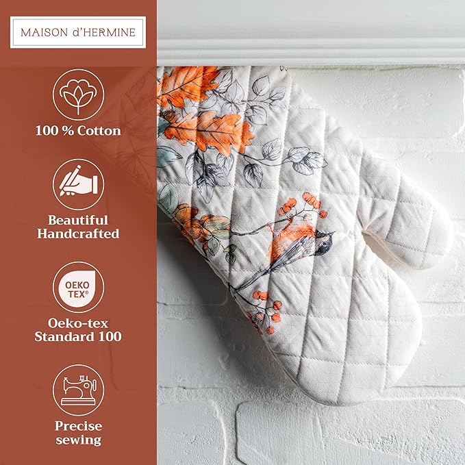 Maison d' Hermine Oven Gloves 100% Cotton Oven Mitt 7" x 13" with Loop Heat Resistant BBQ Cooking Gloves for Thanksgiving Christmas Decorations Handling Hot Pans (Pack of 1, Whitish Shabby Chique)