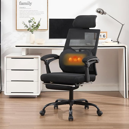 Qulomvs Ergonomic Office Chair with Massage&Heated Lumbar Support, Kneading Massage Office Chair with Foot Rest, Reclining Home Office Desk Chair 90-135 Adjustable Mesh Computer Desk Chair with Wheels