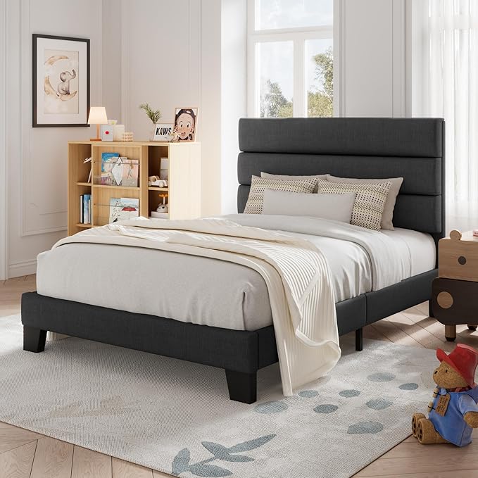 Allewie Twin Size Platform Bed Frame with Fabric Upholstered Headboard and Wooden Slats Support, Fully Upholstered Mattress Foundation/No Box Spring Needed/Easy Assembly, Dark Grey