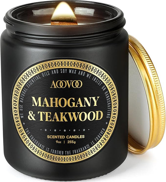 AOOVOO Scented Candles for Men - Mahogany & Teakwood Candles for Home Scented | Crackling Wood Wick Soy Candles | Strong Fragranced Masculine Black Candle Gift for Women & Men, 9oz