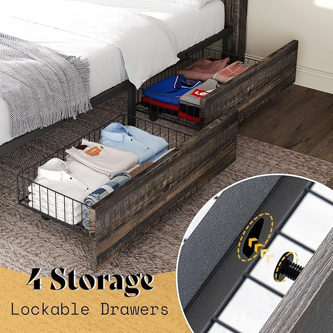 AMERLIFE Queen Size Farmhouse Bed Frame with 4 Drawers, Wooden Storage Bed Frame with Headboard and Heavy Duty Metal Slats, Noisy Free, Easy Assemble, Rustic Black