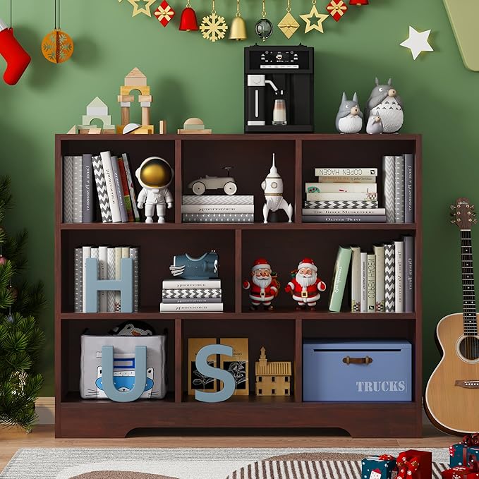 Book Shelf for Kids, 8 Cubes Storage Organizer Montessori Shelf, 3-Tier Wooden Kids Bookcase, Toy Storage Organizer for Children, Cherry Toddler Bookshelf Cube Shelf for Kid’s Room, Classroom