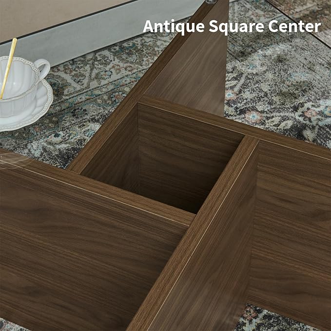 31.5" Glass Coffee Table, MDF Mid-Century Modern Square Coffee Table with Tempered Glass Top, Square Center Tables for Small Space Living Room Office Apartment, Walnut