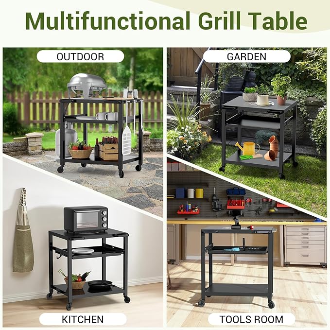 NUUK Outdoor Grill Prep Table 24"x30" Metal Grill Cart Outside 3-Layer Pizza Oven Table Movable with Universal Wheels for BBQ Backyard Patio