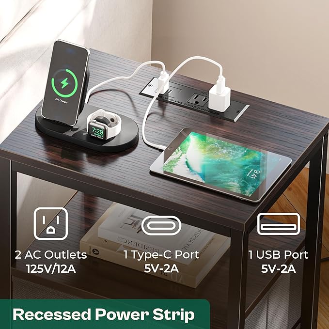 Huuger Nightstand with Charging Station, Fabric Drawers, End Table with Open Shelf, Bedside Table with USB Ports and Outlets, Night Stand for Bedroom, Walnut