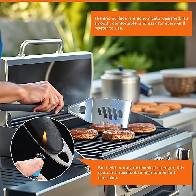 4-in-1 BBQ Spatula | Multifunctional Stainless Steel Grill Spatula with Polypropylene Handle, Serrated Edges, Bottle Opener | Perfect for BBQ grills, kebabs for Camping & Picnics