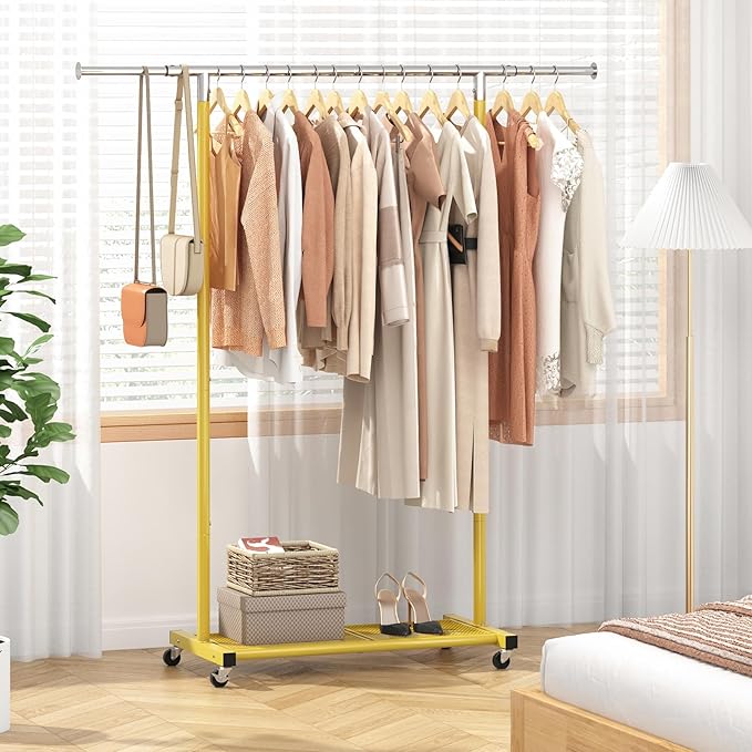 JIUYOTREE Rolling Clothes Rack with Dense Mesh Storage Shelf Clothing Garment Rack with Wheels Width Adjustable Clothing Organizer for Hanging Clothes Shirts Pants Skirts and Bags Gold