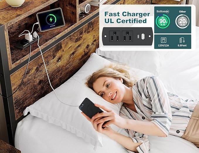 EnHomee Full Size Bed Frame with 6 Storage Drawers Full Bed Frame with Headboard, with Charging Station, No Noise, No Box Springs Needed, Vintage Brown