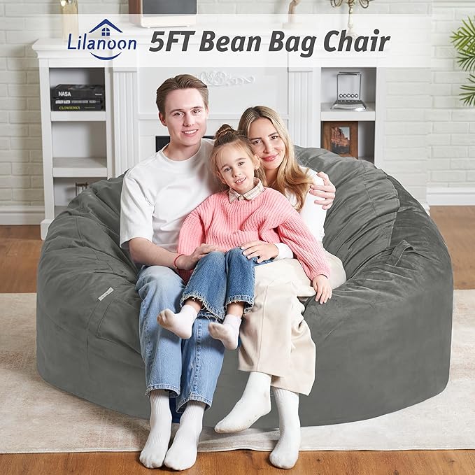 5FT Bean Bag Chair with Ultra Soft Velvet Cover Bean Bag Sofa with Memory Foam Bean Bag Chairs with Large Size Lazy Sofa for Dorm Office Living Room Bedroom Light Grey 5'
