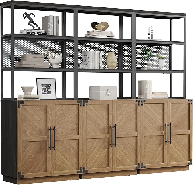 SICOTAS 5 Tier Bookcases Bookshelf with Storage - 75.3” Tall Bookcase with Doors, Large Heavy Duty Freestanding Display Cabinet Farmhouse Book Shelves for Living Room, Home Office, Small Space (3PCS)