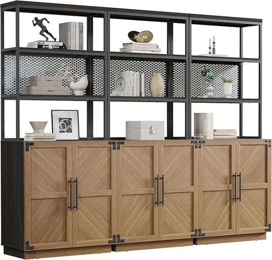 SICOTAS 5 Tier Bookcases Bookshelf with Storage - 75.3” Tall Bookcase with Doors, Large Heavy Duty Freestanding Display Cabinet Farmhouse Book Shelves for Living Room, Home Office, Small Space (3PCS)