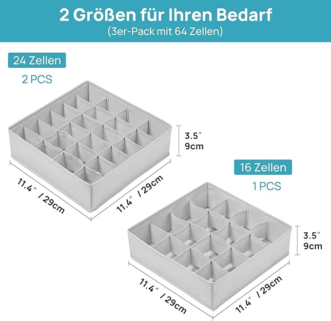 Vtopmart 3 Pack 24+24+16 Cells Socks Drawer Organizers Set, 64 Cells Clothes Drawer Dividers Dresser Organizers Bins, Scarves, Ties, Non-Woven Fabric Storage Boxes for Closet, Nursery