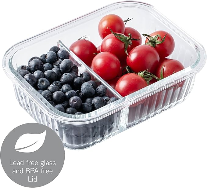 COOK WITH COLOR Premium 32-Pc. Borosilicate Glass Food Container Set with Dividers - 4 Rectangles, 8 Rounds, 4 Squares - Leakproof Lids - Meal Prep, Storage, Fluted Ombre Grey