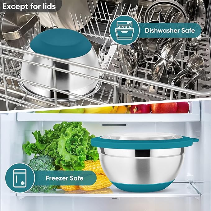 P&P CHEF Blue Mixing Bowls Set of 6, Stainless Steel Mixing Bowl with Visible Lids for Salad, Metal Nesting Serving Bowls for Kitchen Cooking Prepping Storing Food, 4.6/3.5/2.6/2/1.5/1 QT