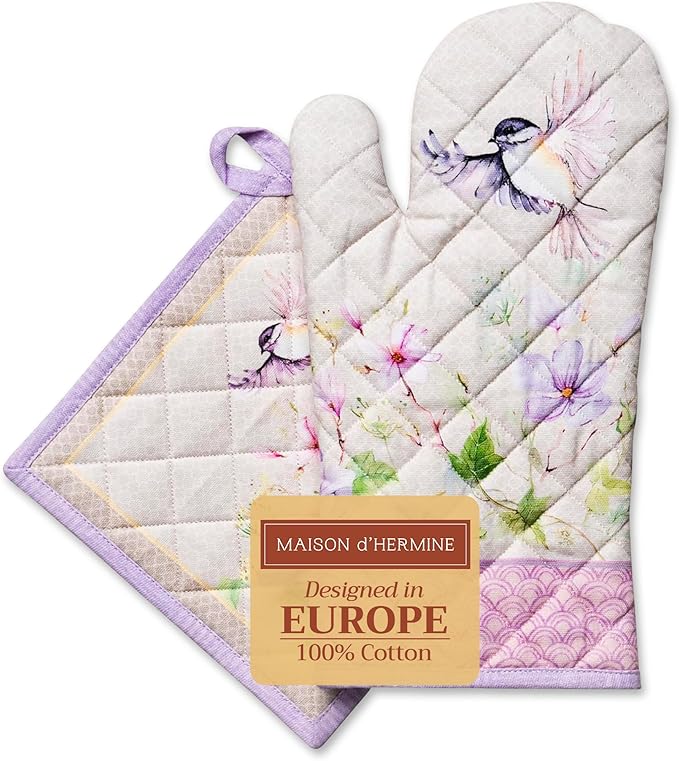 Maison d' Hermine 100% Cotton Oven Mitt & Pot Holder Set (7.5"x13" & 8"x8") Heat Resistant BBQ Cooking Gloves with Loop, Baking, Grilling, Kitchen, Handling Hot Pans Spring/Summer (Magnolia Mornings)