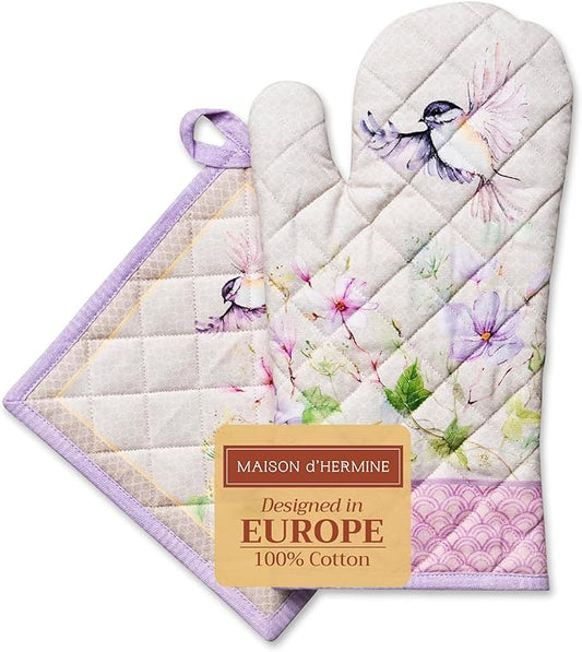 Maison d' Hermine 100% Cotton Oven Mitt & Pot Holder Set (7.5"x13" & 8"x8") Heat Resistant BBQ Cooking Gloves with Loop, Baking, Grilling, Kitchen, Handling Hot Pans Spring/Summer (Magnolia Mornings)