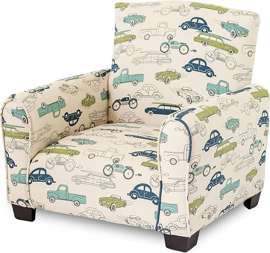 Kid Rocking Chair for Toddlers, Child Chair for Little Kids, Upholstered Toddler Armchair for Children, Comfy and Cute Little Kid Chairs (Legs, Cars & Trucks Print)