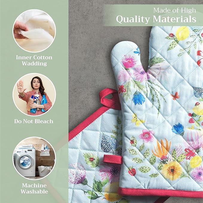 Maison d' Hermine 100% Cotton Oven Mitt & Pot Holder Set (7.5"x13" & 8"x8") Heat Resistant BBQ Cooking Gloves with Loop, Baking, Grilling, Kitchen, Handling Hot Pan Spring/Summer (Jardin D'Ete - Mint)