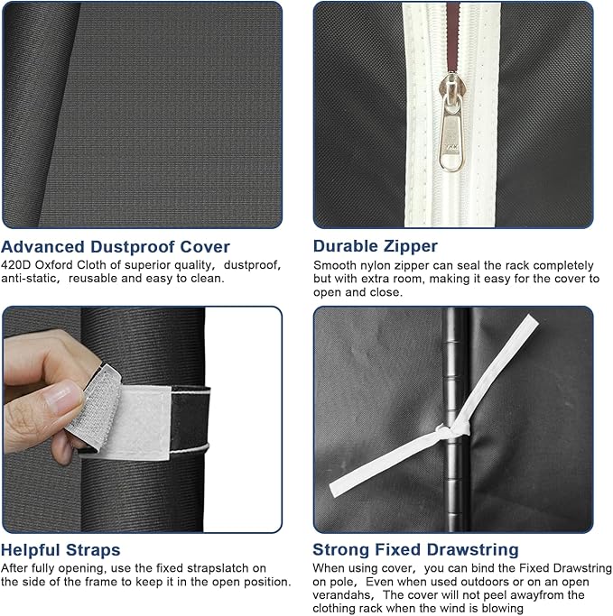 P8C Heavy Duty Clothes Rack（With Extended Width Design） Rolling Clothing Racks for Hanging Clothes with Lockable Wheels，51.2"W x 15.8"D x 80.5"H，Max Load 700LBS，White Rack with Black Cover