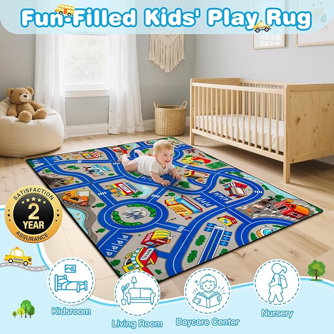 Road Car Rug, 4x6 Ft City Road Rug for Kids, Extra Thick (0.4in) Kids Floor Play Mat and Car Carpet with Realistic Colors - Perfect for Children, Soft and Non-Slip for Playroom and Bedroom