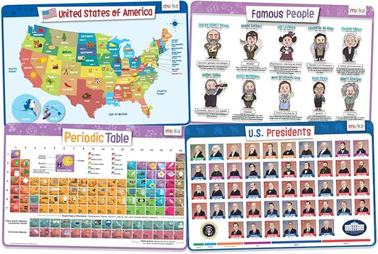 Merka Kids Placemats Set of 4 – Reusable US Map & US Presidents, Famous People & Periodic Table for Kids Dining - Dining Table Set for 4 Placemats