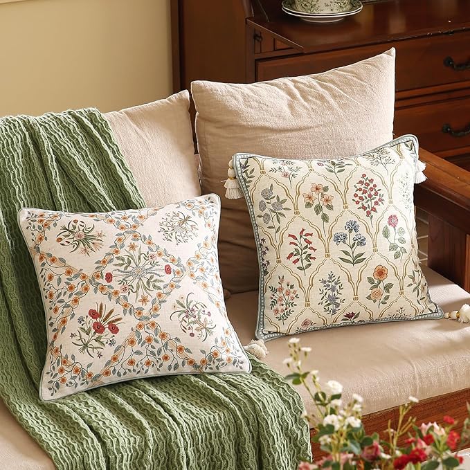 Design Linen Throw Pillow Covers 18"x18" Pack of 2, Square Farmhouse Cushion Covers with Red Pink Yellow Watercolor Wildflower Pattern Decor Pillowcases for Bed,Living Room,Outdoor,Car