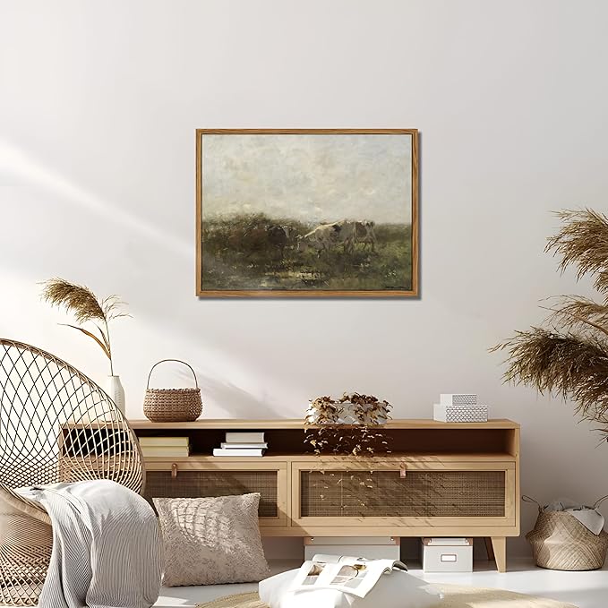 Floating Framed Landscape Canvas Wall Art, French Vintage Natural Country Cows Pictures Wall Decor Artwork, Farmhouse Oil Paintings Prints for Living Room Bedroom Home Decoration 12x16 inch