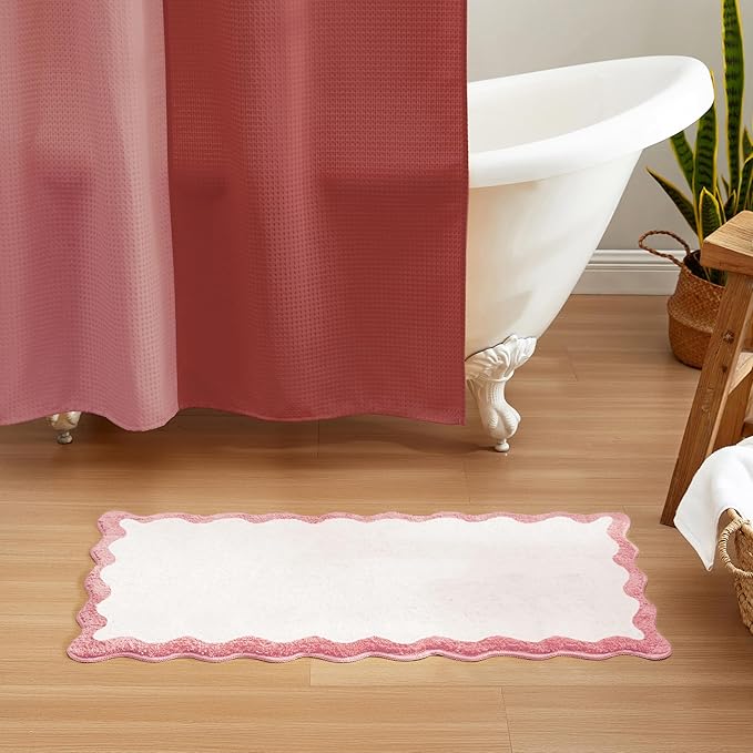 MONDAY MOOSE Bath Mat with Scalloped Wavy Ripple Design, Microfiber Absorbent Non Slip Tufted Rug for Floor, Shower or Kitchen (24x47 inch, Pink)