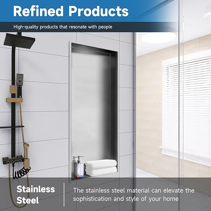 37" X 13" Shower Niche Insert Tile Ready, Wall Niche for Livingroom Bathroom, Long Shower Niche, No Tile Needed Over Mount Installation, Brushed Nickel