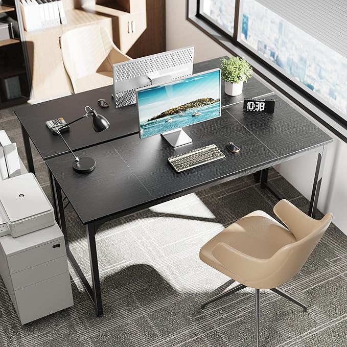Huuger Modern Simple Office Desk, 63 Inch, Gaming & Writing Desk with Storage, Large Legroom, Metal Frame, Black