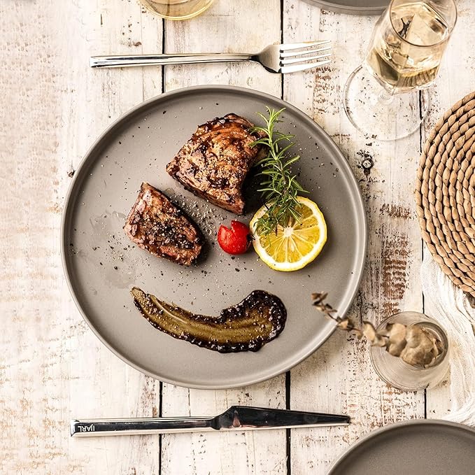 AmorArc Ceramic Dinnerware Sets for 4, Modern Flat Stoneware Plates and Bowls Sets,Chip and Crack Resistant | Dishwasher & Microwave Safe Dishes Set,Scratch Resistant- Service for 4 (12pc)-Matte Gray